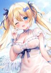  1girl ;d blonde_hair blue_eyes blue_flower blue_ribbon blue_sky blush breasts cleavage cloud collarbone commentary_request covered_navel day dress feathered_wings flower hair_between_eyes hair_flower hair_ornament hair_ribbon hand_up long_hair looking_at_viewer low_wings medium_breasts mitsuba_choco one_eye_closed original outdoors ribbon see-through short_sleeves sky smile solo teeth twintails twitter_username upper_teeth_only very_long_hair wet wet_clothes wet_dress white_dress white_wings wings 