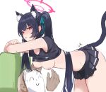  1girl absurdres animal_ear_fluff animal_ears armpits arona&#039;s_sensei_doodle_(blue_archive) black_hair black_shirt blue_archive breasts cat_ears cat_tail clothes_lift crop_top crossed_arms extra_ears hair_ribbon halo hanging_breasts highres leaning_forward long_hair microskirt nipples pleated_skirt red_eyes ribbon sawkm sensei_(blue_archive) serika_(blue_archive) shirt shirt_lift skirt sweat tail twintails 