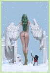  1girl ass back bird_legs border chipped_sword commentary_request completely_nude contrapposto crossed_ankles facing_away feathered_wings feathers from_behind green_border green_hair harpy highres long_hair monet_(one_piece) monster_girl nude nudist one_piece outdoors revision snow standing sword thigh_gap thunder_soldier wavy_hair weapon white_wings winged_arms wings youno_senichi 