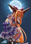  1girl a-xii blunt_bangs bow bowtie brown_horns commentary_request full_body full_moon gourd hair_bow hand_on_own_chin highres horns ibuki_suika long_hair looking_down low-tied_long_hair medium_bangs moon orange_hair purple_skirt red_bow red_bowtie shirt sidelocks skirt sleeveless sleeveless_shirt socks solo touhou very_long_hair white_shirt white_socks yellow_eyes 