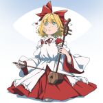  1girl blonde_hair blue_eyes bow bow_(music) crying crying_with_eyes_open dress erhu flat_chest frilled_shirt_collar frills full_body gradient_eyes hair_between_eyes hair_bow highres holding holding_bow_(music) holding_instrument instrument japanese_clothes kariginu long_bangs looking_up mefomefo miko multicolored_eyes music neck_ribbon parted_lips playing_instrument red_bow red_dress red_ribbon ribbon satsuki_rin short_hair solo tears touhou wide_sleeves yellow_eyes 