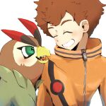  anthro bandai_namco beak brown_body brown_feathers brown_hair digimon digimon_(species) digimon_survive duo feathers green_eyes grin hair hi_res human male mammal minoru_hyuga mofumi_corvus sharp_teeth smile solo teeth 