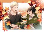  2boys autumn autumn_leaves black_hair black_sweater blonde_hair blush border closed_eyes collared_shirt given green_eyes green_hoodie highres hood hoodie incoming_hug kaji_akihiko leaf male_focus maple_leaf multiple_boys murata_ugetsu open_mouth orange_background pinoli_(pinoli66) shirt smile sweater upper_body white_shirt yaoi 