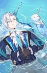  1boy afloat animal black_bow black_coat black_gloves black_pants blue_hair bow closed_eyes closed_mouth coat genshin_impact gloves hair_between_eyes hair_bow highres long_hair long_sleeves lv4pa lying_on_water male_focus multicolored_hair neuvillette_(genshin_impact) otter pants ripples seashell shell sleeping very_long_hair water white_hair zzz 