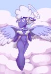  absurd_res angel anthro bovid bow_tie caprine cherub cloud collin_(helluva_boss) feathers fur halo helluva_boss hi_res hooves looking_at_viewer male mammal nude psycheapple purple_body purple_fur sheep simple_background solo wings wool_(fur) 