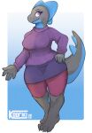  2022 5_fingers anthro artist_name barefoot biped breasts clothed clothing dated digital_media_(artwork) eyebrows eyelashes feet female fingers hand_on_own_hip hi_res kooriki pink_eyes purple_clothing purple_sweater purple_topwear scalie shaded solo spiked_tail spikes spikes_(anatomy) sweater tail topwear 