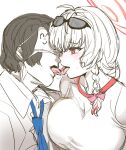  1boy 1girl arona&#039;s_sensei_doodle_(blue_archive) black_hair blue_archive blue_necktie bow_(bhp) braid breast_press breasts commentary_request eyewear_on_head french_kiss halo haruna_(blue_archive) haruna_(track)_(blue_archive) hetero kiss large_breasts looking_at_another necktie official_alternate_costume red_eyes red_halo saliva saliva_trail sensei_(blue_archive) shirt sunglasses tongue tongue_out upper_body white_hair white_shirt 