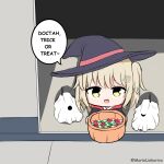  1girl alternate_costume arknights blonde_hair candy chibi drone english_commentary english_text food hair_ornament hat highres holding looking_at_viewer marin_liekuriva_(mmliku) medium_hair open_mouth scene_(arknights) shadow smile trick-or-treating trick_or_treat twitter_username witch_hat 