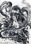  1boy character_request commentary dragon eastern_dragon english_commentary finger_to_mouth hair_between_eyes hand_up highres index_finger_raised japanese_clothes long_hair long_sleeves looking_at_viewer male_focus monochrome ponytail purple_eyes shushing spot_color touken_ranbu upper_body vdmaler 