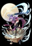  1girl black_background boots broken broken_chain chain china_dress chinese_clothes dress eiyuu_densetsu full_body full_moon gauntlets hair_bun hajimari_no_kiseki highres holding holding_sword holding_weapon huge_weapon lancefate looking_at_viewer moon parted_bangs purple_hair rixia_mao short_hair solo sword weapon yellow_eyes 