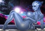  2023 alien alien_humanoid areola arm_support asari bed big_breasts big_butt blue_body blue_eyes blue_skin breasts butt cerberuslives eyebrows eyelashes feet female freckles furniture glistening glistening_body glistening_breasts glistening_butt glistening_skin hi_res humanoid liara_t&#039;soni lips looking_at_viewer mass_effect nipples not_furry nude planet side_boob sitting solo space 