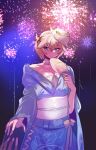  1boy absurdres aerial_fireworks bare_shoulders bird_hair_ornament blonde_hair blue_eyes blue_kimono blush closed_mouth collarbone commentary cowboy_shot d_kake2 fireworks fox_mask hair_between_eyes hair_ornament hand_fan highres holding holding_fan homare_nao japanese_clothes kimono looking_at_viewer male_focus mask mask_on_head night obi off_shoulder otoko_no_ko outdoors pectoral_cleavage pectorals pov pov_hands sash short_hair sidelocks solo standing taimanin_(series) taimanin_rpgx wide_sleeves yukata 