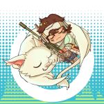  1girl :3 a-13_sentry animal_ear_fluff animification apex_legends bat_(animal) brown_hair chibi closed_eyes echo_(apex_legends) fangs gun headgear highres holding holding_gun holding_weapon huo_jiu_jiaotou mini_person minigirl nose_bubble rifle short_hair sleeping smile sniper_rifle solo vantage_(apex_legends) weapon 