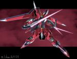  absurdres beam_saber commentary dual_wielding energy_blade energy_sword glowing glowing_eyes green_eyes gundam gundam_seed gundam_seed_freedom highres holding holding_sword holding_weapon immortal_justice_gundam leg_blade looking_at_viewer mecha mobile_suit no_humans red_background robot shield shimashun solo sword twitter_username v-fin weapon 