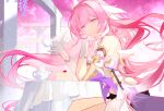  1girl absurdres annnnq bare_legs bare_shoulders birthday black_shorts cake closed_mouth cup earrings elysia_(herrscher_of_human:ego)_(honkai_impact) elysia_(honkai_impact) food gloves hand_on_own_chin highres holding holding_cup honkai_(series) honkai_impact_3rd jewelry long_hair outdoors pink_eyes pink_hair pink_theme pointy_ears shorts sitting smile solo teacup teapot tree white_gloves 