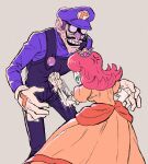  ._. 1boy 1girl ame999garnet anger_vein big_nose brown_hair crown dress earrings facial_hair gloves hat jewelry long_sleeves mario_(series) medium_hair mustache orange_hair overalls princess princess_daisy punching purple_shirt shirt short_hair short_sleeves simple_background sweatdrop waluigi white_gloves 