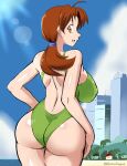  1girl :d ahoge ass breasts brown_eyes brown_hair covered_nipples darmengine delia_ketchum english_commentary from_behind green_one-piece_swimsuit huge_ass large_breasts mature_female one-piece_swimsuit outdoors pokemon pokemon_(anime) pokemon_(classic_anime) ponytail scrunchie smile swimsuit thick_thighs thighs wide_hips 