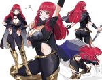  1girl absurdres ass back black_cape blush bodysuit breasts cape choker cleavage covered_navel facial_mark fire_emblem fire_emblem_engage hair_ornament highres holding holding_knife holding_weapon knife large_breasts long_hair looking_at_viewer multiple_views open_mouth ormille red_eyes red_hair side_cutout simple_background smile solo star_(symbol) star_facial_mark star_hair_ornament thick_thighs thighs weapon yunaka_(fire_emblem) 