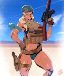  assault_rifle badge bare_arms bare_legs belt beret blue_eyes blue_panties blue_sky cloud cloudy_sky dessert food gloves grey_lips gun hair_tie hand_on_own_hip handgun hat highres holding holding_gun holding_weapon knife long_hair looking_at_viewer low-tied_long_hair low_side_ponytail muscular muscular_female ogami original panties parted_lips rifle scarf signature sky tan thick_thighs thigh_pouch thighs underwear v-shaped_eyebrows vest vest_pouch weapon 