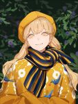  1girl alternate_costume animal_print bird_print blonde_hair blue_scarf bush green_scarf hat highres long_hair looking_at_viewer multicolored_clothes multicolored_scarf qiu_tong scarf shirt smile sq_(series) striped striped_scarf tanjiu yellow_eyes yellow_headwear yellow_scarf yellow_shirt 