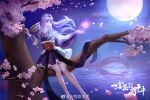  1girl absurdres asymmetrical_sleeves bridge cherry_blossoms falling_petals flower highres in_tree long_hair lotus moon night parted_lips petals pingfan_fannie purple_eyes purple_hair qinshi_mingyue reflection second-party_source shao_siming_(qin_shi_ming_yue) sitting sitting_in_tree solo teeth tree veil water white_footwear 