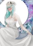  1girl agatsumaattsu alternate_costume arrancar bleach breasts bridal_veil closed_eyes commentary_request dress facial_mark flower green_hair hair_flower hair_ornament large_breasts long_dress long_hair nelliel_tu_odelschwanck rose simple_background sitting skirt_hold skull_on_head solo veil wedding_dress white_dress white_flower white_rose white_veil 