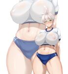  1girl abs absurdres arms_behind_back blue_buruma blush breasts buruma cameltoe collarbone commentary_request covered_nipples double_vertical_stripe green_eyes grey_hair gym_shirt gym_uniform hair_between_eyes highres large_breasts looking_at_viewer midriff multiple_views navel original ranhatu shirt short_hair short_sleeves stomach thick_thighs thighs tight_clothes tight_shirt white_shirt wide_hips zoom_layer 
