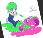  1girl animalization blue_eyes eyeliner finger_gun foo_fighters fusion green_hair hakmonss horned_hat inkling inkling_boy jojo_no_kimyou_na_bouken makeup narciso_anasui octoling octoling_girl overalls paint_gun paint_splatter splatoon_(series) squid stone_ocean tentacle_hair 