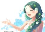  1girl :d blush braid closed_eyes clover clover_hair_ornament dated dress four-leaf_clover green_hair hair_ornament hand_up highres indie_virtual_youtuber jewelry long_hair munriru necklace simple_background smile solo sumi_suya upper_body virtual_youtuber white_dress 