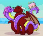  animate_inanimate dragon duo eyes_closed feral fin horn inflatable living_inflatable membrane_(anatomy) membranous_wings pool_toy purple_body red_body reptile scalie snake symrea wings 