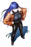  1girl aoba_(smartbeat) black_footwear black_pants black_shirt blue_eyes breasts brown_jacket earrings fate/grand_order fate_(series) full_body highres jacket jewelry large_breasts long_hair long_sleeves looking_at_viewer martha_(fate) open_clothes open_jacket pants purple_hair shadow shirt smile solo 