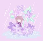  1girl closed_eyes commentary_request facing_viewer flipped_hair flower hydrangea light_brown_hair long_sleeves no_lineart no_mouth nunusayu pink_background pink_flower puddle purple_flower purple_sweater rain ripples sidelocks simple_background solo sweater urotsuki yume_2kki 