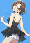  1girl back bare_shoulders black_dress blue_background blush bracelet breasts brown_eyes brown_hair cowboy_shot dot_nose dress emu_(emum) from_behind glint hand_up highres idolmaster idolmaster_cinderella_girls idolmaster_cinderella_girls_starlight_stage jewelry looking_at_viewer looking_back medium_breasts mizuki_seira necklace open_mouth short_hair shorts simple_background sleeveless sleeveless_dress smile solo white_shorts 