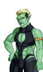  abs armband blonde_hair bulge clothed clothing drawfee_(copyright) drawtectives draycefayce green_body green_skin gyorik_rogdul hair hi_res humanoid humanoid_pointy_ears male muscular muscular_humanoid muscular_male not_furry orc sharp_teeth skimpy solo teeth underbite undercut 