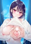  1girl bekotarou black_hair blurry blurry_background blush breasts city_lights cleavage clothes_in_mouth commentary_request curtains hair_between_eyes heart heart-shaped_boob_challenge heart-shaped_pupils heart_hands highres large_breasts long_sleeves looking_at_viewer medium_hair mole mole_under_eye mouth_hold night nipples original pink_eyes shirt_in_mouth solo standing steam sweater symbol-shaped_pupils upper_body white_sweater window 