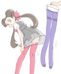  1girl brown_hair clothes_hanger clothes_pull crotch_seam dress grey_dress hair_pulled_back hair_ribbon legs long_hair looking_back open_mouth panties panty_pull pantyhose pantyhose_pull pink_pantyhose pokemon pokemon_(game) pokemon_oras purple_pantyhose red_eyes ribbon roxanne_(pokemon) shirt short_sleeves simple_background solo thighband_pantyhose twintails u4_99384295 underwear undressing 
