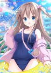  1girl :d ass_visible_through_thighs bag balloon bare_shoulders blue_bow blue_eyes blue_one-piece_swimsuit blue_sky blush bow breasts brown_hair cloud collarbone commentary_request covered_navel day ferris_wheel hair_between_eyes hair_bobbles hair_ornament hairclip hand_up innertube izuminanase jacket large_breasts long_hair long_sleeves off_shoulder old_school_swimsuit one-piece_swimsuit one_side_up open_clothes open_jacket original outdoors pink_jacket puffy_long_sleeves puffy_sleeves school_swimsuit shoulder_bag sky sleeves_past_wrists smile solo swimsuit swimsuit_under_clothes tree very_long_hair water water_drop water_slide 