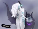  anthro big_butt blue_eyes blue_markings bovid butt canid canine canis caprine dipstick_ears duo female fur glowing glowing_eyes grey_eyes hi_res kindred_(lol) lamb_(lol) league_of_legends male mammal markings mask multicolored_ears nude purple_background purple_body purple_fur rear_view riot_games sheep simple_background thick_thighs trifuson white_body white_fur wide_hips wolf wolf_(lol) 