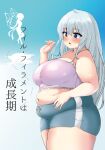  1girl aqua_background blue_background blue_eyes blue_hair blue_shorts blush breasts character_request commentary_request copyright_request cover cover_page cowboy_shot from_side gradient_background hair_between_eyes hand_on_own_stomach highres huge_breasts light_blue_hair long_hair midriff navel nerizou novel_cover open_hands open_mouth short_shorts shorts silhouette solo_focus thick_arms thick_thighs thighs translation_request white_shorts wings 
