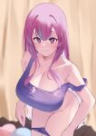  1girl @_@ azur_lane blurry blurry_background blush breasts bremerton_(azur_lane) cleavage clothes_pull grey_hair highres huge_breasts indoors long_hair looking_at_viewer mole mole_on_breast mole_under_eye multicolored_hair panties panty_pull pink_hair pulled_by_self purple_eyes purple_panties solo streaked_hair sweatdrop two-tone_hair underwear undressing very_long_hair waka_(user_unuj5373) 
