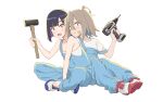  2girls ahoge bandaid bandaid_on_cheek bandaid_on_face bandaid_on_nose black_hair blue_overalls bob_cut closed_mouth colored_inner_hair commentary do_it_yourself!! grey_hair hair_between_eyes hammer highres holding holding_hammer holding_power_drill indian_style leaning_on_person midiman multicolored_hair multiple_girls open_mouth overalls power_drill purple_hair red_eyes shirt shoes short_hair short_sleeves simple_background sitting smile sneakers strap_slip strapless strapless_shirt suride_miku t-shirt white_background white_footwear white_shirt yua_serufu 