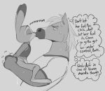  anthro anthro_on_anthro bodily_fluids bottomless buck_colton_(thehumancopier) canon_x_oc clothed clothing dialogue disney duo english_text equid equine eyebrows eyes_closed fan_character feet female grey_background greyscale hair horse interspecies judy_hopps kissing lagomorph larger_male leporid long_ears male male/female mammal monochrome rabbit shirt simple_background size_difference smaller_female sweat t-shirt text thehumancopier thought_bubble toes topwear zootopia 