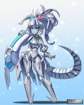  1girl absurdres assassin_silver blue_eyes colored_skin dragon_girl dragon_horns dragon_tail elizabeth_bathory_(fate) fate/grand_order fate_(series) grey_hair grey_skin highres horns innertube joints long_hair looking_at_viewer mecha_eli-chan_(fate) mechanical_hair mechanical_horns mechanical_tail no_feet pointy_ears ponytail robot_girl robot_joints solo standing swimsuit tail 