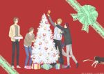  5boys all_fours artist_request black_hair black_pants black_socks blonde_hair blue_pants box brown_eyes brown_hair christmas christmas_ornaments christmas_tree closed_mouth collared_shirt cool_doji_danshi dog earrings full_body futami_shun gift gift_box grey_pants grey_shirt high_collar highres holding holding_box ichikura_hayate igarashi_motoharu jacket jewelry long_sleeves male_focus mima_takayuki multiple_boys official_art open_mouth pants red_background red_eyes red_hair shiki_souma shirt short_hair socks standing star_ornament yellow_eyes 