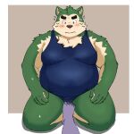  anthro belly blush canid canine canis clothing domestic_dog duo embarrassed eyebrows foot_on_crotch fur green_body green_fur hi_res kneeling lifewonders live_a_hero male mammal mokdai moobs navel one-piece_swimsuit overweight school_swimsuit swimwear thick_eyebrows yaki_atsuage 