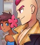  1boy 1girl :3 bare_shoulders blue_eyes collarbone dark-skinned_female dark_skin flower girl_staring_at_guys_chest_(meme) hair_flower hair_ornament ky-nim meme phoebe_(pokemon) pokemon pokemon_(game) pokemon_oras red_eyes red_hair short_hair sidney_(pokemon) sparkle upper_body 