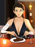  1girl absurdres bayy blue_eyes breasts brown_hair candle cleavage cup dress english_commentary food fork gundam gundam_suisei_no_majo highres indoors knife lips long_hair looking_at_viewer medium_breasts night plate pov_dating prospera_mercury red_wine signature solo steak 