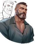  1boy alternate_costume bara beard before_and_after blue_eyes brimstone_(valorant) brown_hair collared_shirt cropped_torso facial_hair grey_hair highres looking_away male_focus mature_male muscular muscular_male old old_man pectoral_cleavage pectorals sasha_shkret shirt short_hair sketch solo thick_eyebrows two-tone_beard undercut valorant 