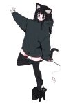  1girl ahoge animal_ear_fluff animal_ears balancing black_cat black_eyes black_hair black_thighhighs blunt_bangs blush blush_stickers cat cat_ears cat_girl cat_tail cat_teaser full_body grey_hoodie highres holding hood hoodie legs looking_down megateru original sleeves_past_wrists solo standing standing_on_one_leg tail thighhighs white_background 