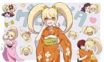  3girls :d anger_vein blonde_hair blush blush_stickers bow cat_hair_ornament chibi danganronpa_(series) danganronpa_2:_goodbye_despair flying_sweatdrops gorila_chan hair_bow hair_ornament hair_ribbon hand_fan hand_up heart highres holding holding_fan hug japanese_clothes kimono koizumi_mahiru long_hair long_sleeves looking_at_viewer multiple_girls multiple_views obi official_alternate_costume open_mouth orange_kimono pink_ribbon red_hair ribbon saionji_hiyoko sash shirt short_hair smile speech_bubble teeth translation_request trembling tsumiki_mikan twintails upper_teeth_only wide_sleeves 